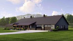 this is an artist's rendering of a house in the country side with mountains in the background