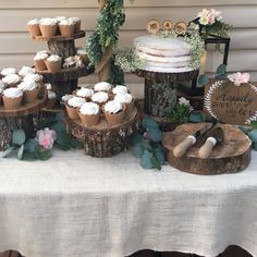 a table topped with cakes and cupcakes on top of wooden slices covered in frosting