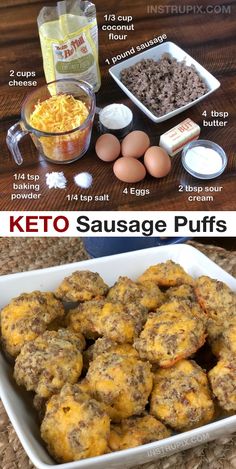 keto sausage puffs are shown in two separate pictures, one with eggs and the other without