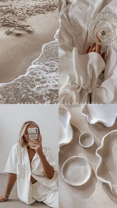 a woman sitting on the beach taking a selfie with her cell phone and seashells