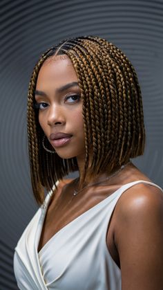 Bob-length knotless braids with chestnut highlights offer a chic and modern take on the traditional bob. The chestnut highlights add warmth and dimension to the braids, making this style perfect for those who prefer shorter lengths but still want a bit of color. This look is ideal for heart-shaped and oval faces, as the bob shape helps frame the face beautifully. Knotless Box Braids Bob, Knotless Bob Braids, Latest Braid Styles, Chestnut Highlights, Knotless Braids Hairstyles, Bob Length, Half Cornrows, Braids Bob