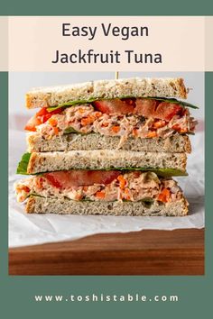 two sandwiches stacked on top of each other with the words easy vegan jackfruit tuna