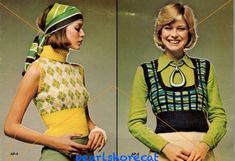 two pictures of women wearing different outfits and hats, one in green and the other in yellow