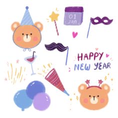 happy new year greeting card with teddy bears, balloons and masquerades on white background