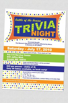 an event poster for trivia night with polka dots on the front and back side