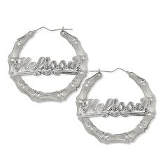 These amazing .925 Sterling Silver Bamboo Hoops will be personalized with the name of your choice. - Personalized vintage-inspired bamboo hoops - The name is emphasized by the diamond-cut heart-shaped designJumbo 3.5"x3.5"; Extra Large 3"x3";Large 2.3"x2.3";Medium 2"x2";Small 1.7"x1.7";Extra Small 1.4"x1.4"; Name Earrings, Bangles Indian, Jewelry Personalized, Hoops Earrings, Fine Jewellery Earrings, Jewelry Earrings Hoops, Gold Bangles, Amazing Jewelry, Personalized Jewelry