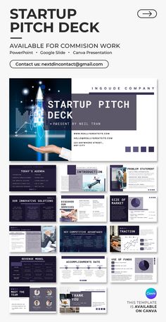 the start up pitch deck is displayed in this graphic style, and includes several different sections for