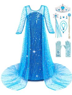 a blue dress with sequins, gloves and tiara on display in front of a white background