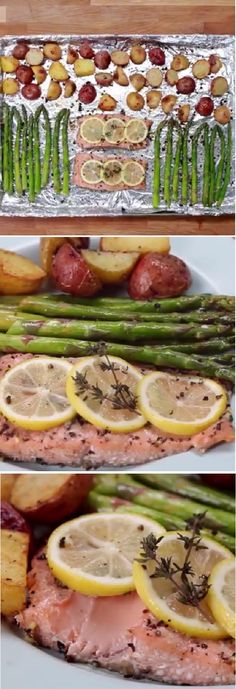 two pictures of salmon, asparagus and potatoes with lemons on the side