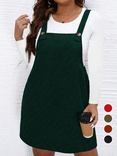 Plus Size Women Solid Color Casual Overall Strap Dress, Versatile For Autumn Green Casual  Sleeveless Knitted Fabric Plain Pinafore Non-Stretch  Women Plus Clothing, size features are:Bust: ,Length: ,Sleeve Length: Couple Pajamas, Strap Dress, Plus Clothing, Solid Black, All Fashion, Summer Women, Plus Size Dresses, Women Clothes Sale, Length Sleeve