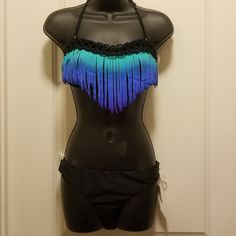 Nwt, Boutique, Size Large, Top Tie Back Fringed Bandeau With Macrame Detail. Fitted Fringe Swimwear For Festivals, Fitted Fringe Swimwear For Vacation, Tie Backs, Tie Back, Womens Swim, Black Blue, Blue Black, Macrame, Boutique