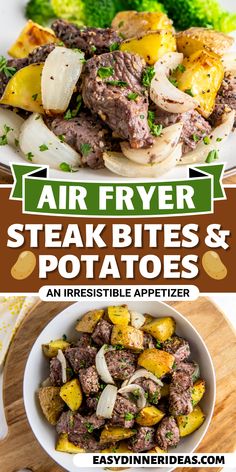 an image of air fryer steak bites and potatoes