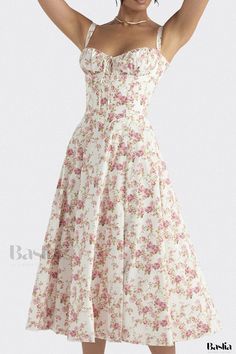 Baslia - Elegant and Figure-Enhancing Sleeveless A-Line Dress with V-Neckline and Stylish Printed Tie Waist Straps Elegant Flower Dress, Midi Sundress, Suspender Dress, Bustiers, Karen Millen, Luxembourg, Estonia, Strap Dress