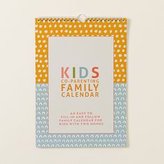 a card with the words kids co -parting family calendar on it's front