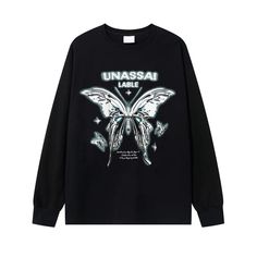 Unassai Lable Butterfly Sweatshirt - h0neybear Printed T-shirt For Fall Streetwear, Fall Streetwear Printed T-shirt, Long Sleeve Printed T-shirt For Streetwear, Printed Long Sleeve T-shirt For Streetwear, Black Screen Print Sweatshirt For Fall, Fall Black Sweatshirt With Screen Print, White Long Sleeve Sweatshirt With Front Print, Casual Black Tops With Butterfly Print, Casual Black Top With Butterfly Print