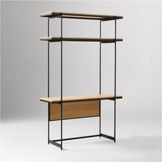 an open shelving unit with two wooden shelves and metal frame, against a white background