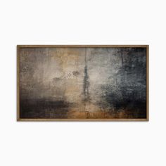 an abstract painting with grey and yellow colors on the wall in front of a white background