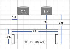 the kitchen island is divided into two sections, with measurements for each area in front