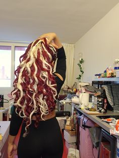 Red And Blonde Hair Braids, Red And Blonde Hair Color Braids, Red And Blonde French Curl Braids, Pink And Blonde French Curl Braids, Braids With Curls Red, Red And White Braids, Red And White Box Braids, Blonde And Pink Braids With Curls, Pink And Black French Curl Braids