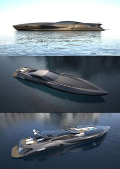 three different views of a boat in the water