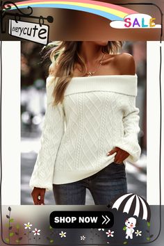 White Off Shoulder Cable Knit Sweater White Knitted Sweater For Fall, White Long Sleeve Knit Top For Fall, Cream Cable Knit Tops For Fall, White Cable Knit Sweater For Fall, White Winter Knit Top, White Soft Knit Top For Fall, Winter White Knit Top, White Soft Knit Top For Winter, Winter White Long Sleeve Knit Top For Winter