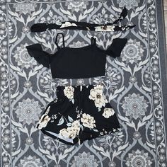 Size 9y, Black With Flowers Trendy Black Vacation Sets, Trendy Black Sets For Spring, Fitted Black Casual Sets, Fitted Black Beach Set, Black Fitted Casual Sets, Casual Black Fitted Sets, Fitted Black Beachwear Sets, Casual Fitted Black Sets, Black Summer Sets For Vacation