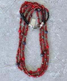 Red Indonesian Glass Rondelle Bead 3-Strand Necklace with Czech Glass and a Sterling Silver Toggle Clasp Red Cathedral, Southwest Design, Southwest Jewelry, Classic Necklace, Color Depth, Grey Glass, Brick Red, White Heart, Heart Beads