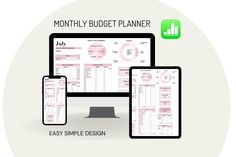 a computer, tablet and phone are shown with the text month budget planner on it