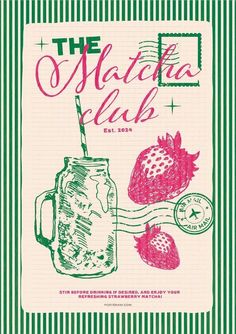 a poster with strawberries and a mason jar on the front, in pink ink