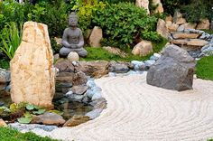 a small garden with rocks and water features