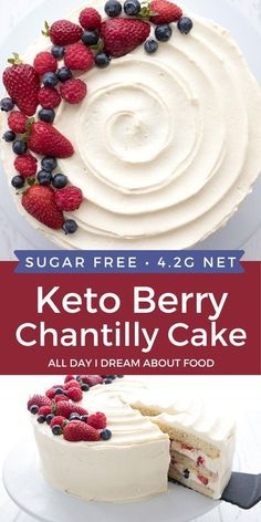 keto berry cake with white frosting and fresh berries on top is featured in this ad