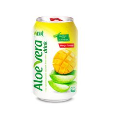 a can of juice with mango and apple slices on the side, in front of a white background