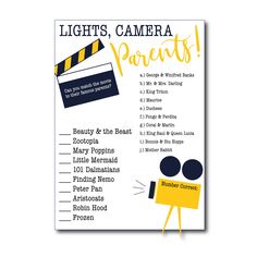 a poster with the words lights, camera parents and an image of a movie clapper