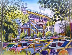 a painting of cars parked in front of a baseball stadium