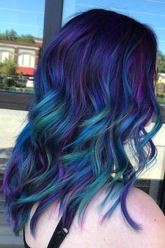 Blue And Purple Hair Looks That Will Amaze You ★ Blue Hair with Purple Highlights Blue And Purple Hair, Blue Purple Hair, Purple Hair Highlights, Blue Ombre Hair, Galaxy Hair, Creative Hair Color, Teal Hair, Turquoise Hair, Bright Hair Colors