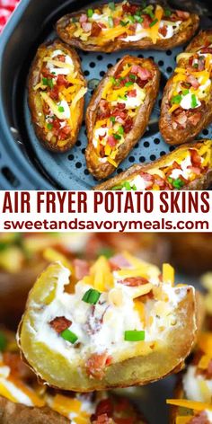 the air fryer potato skins are loaded with cheese and other toppings to make them look delicious