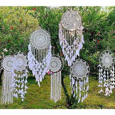 several white dream catchers in the grass