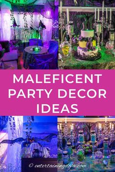 a collage of different party decor items with text overlay that reads, maleficent party decor ideas