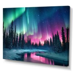 an aurora bore over a river with trees and snow in the foreground canvas wall art print