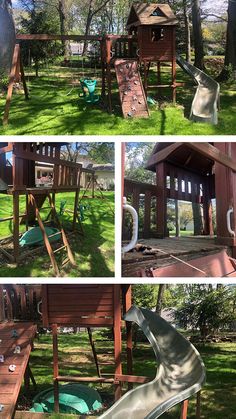 several pictures of different types of outdoor play equipment in the grass and on the ground