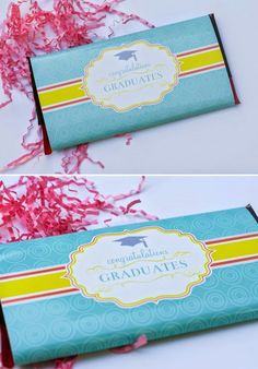 graduation candy bar wrappers with confetti streamers on the bottom and in the middle