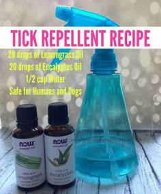 two bottles of tea tree oil next to each other with the words tick repellent recipe