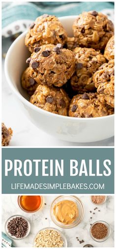 a bowl full of protein balls next to bowls of peanut butter and oatmeal