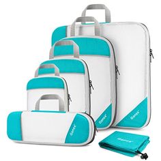 four pieces of luggage are shown in blue and white