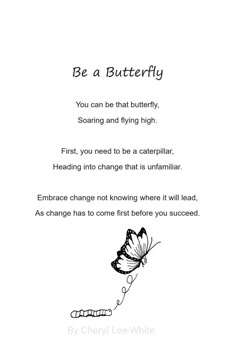 a black and white poem with a butterfly on it