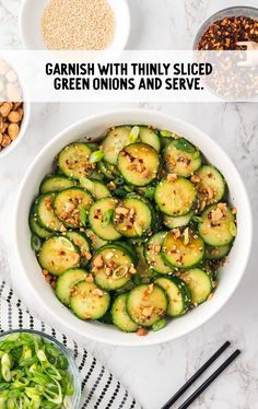 a bowl filled with sliced cucumbers next to bowls of nuts and other ingredients