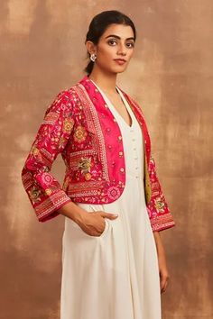 Shop for Sue Mue Pink Raw Silk Embroidered Jacket for Women Online at Aza Fashions Luxury Embroidered Pink Nehru Jacket, Jacket Indian Outfit, Indian Jackets For Women, Silk Jackets For Women, Short Jacket Style Kurti, Jacket Style Kurti, Sari India