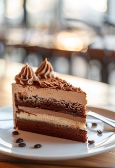 a piece of chocolate cake on a white plate