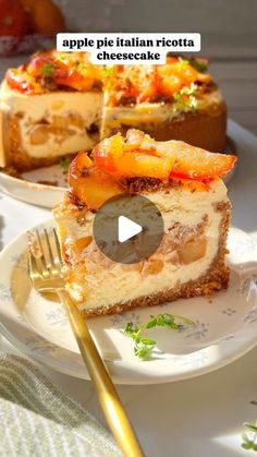 a piece of pie sitting on top of a white plate next to a gold fork