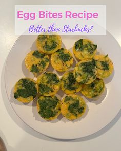 an egg bites recipe on a white plate with spinach and cheese in the middle